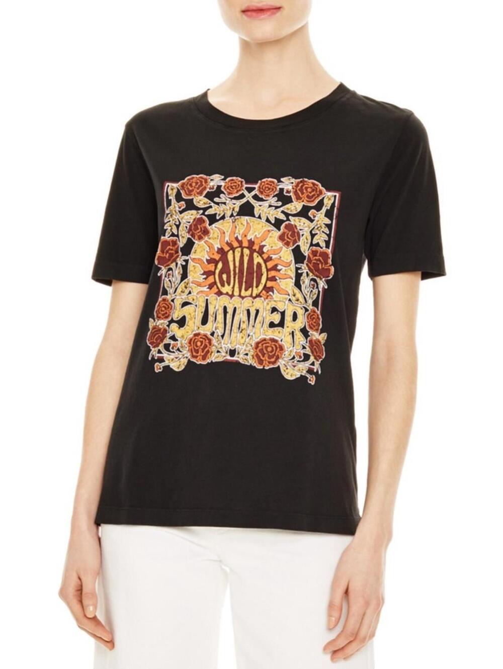 Sandro Wild Summer Graphic Tee Black Floral Sun T-Shirt